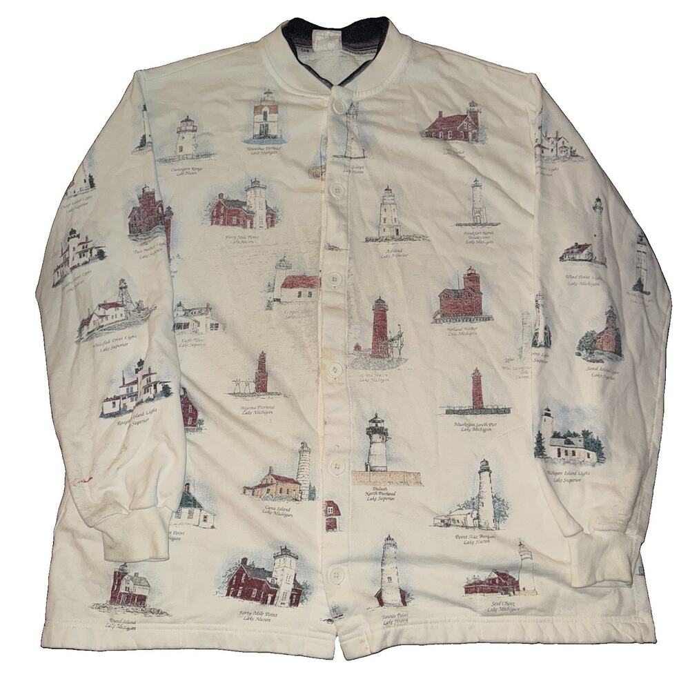 Vintage Art Unlimited Sportswear AOP Lighthouses Of Maine Cardigan Sweater 2XL